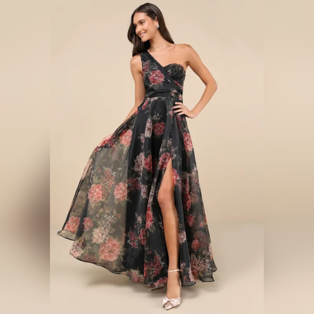Lulu's Truly Extraordinary Black Floral Organza One-Shoulder Dress